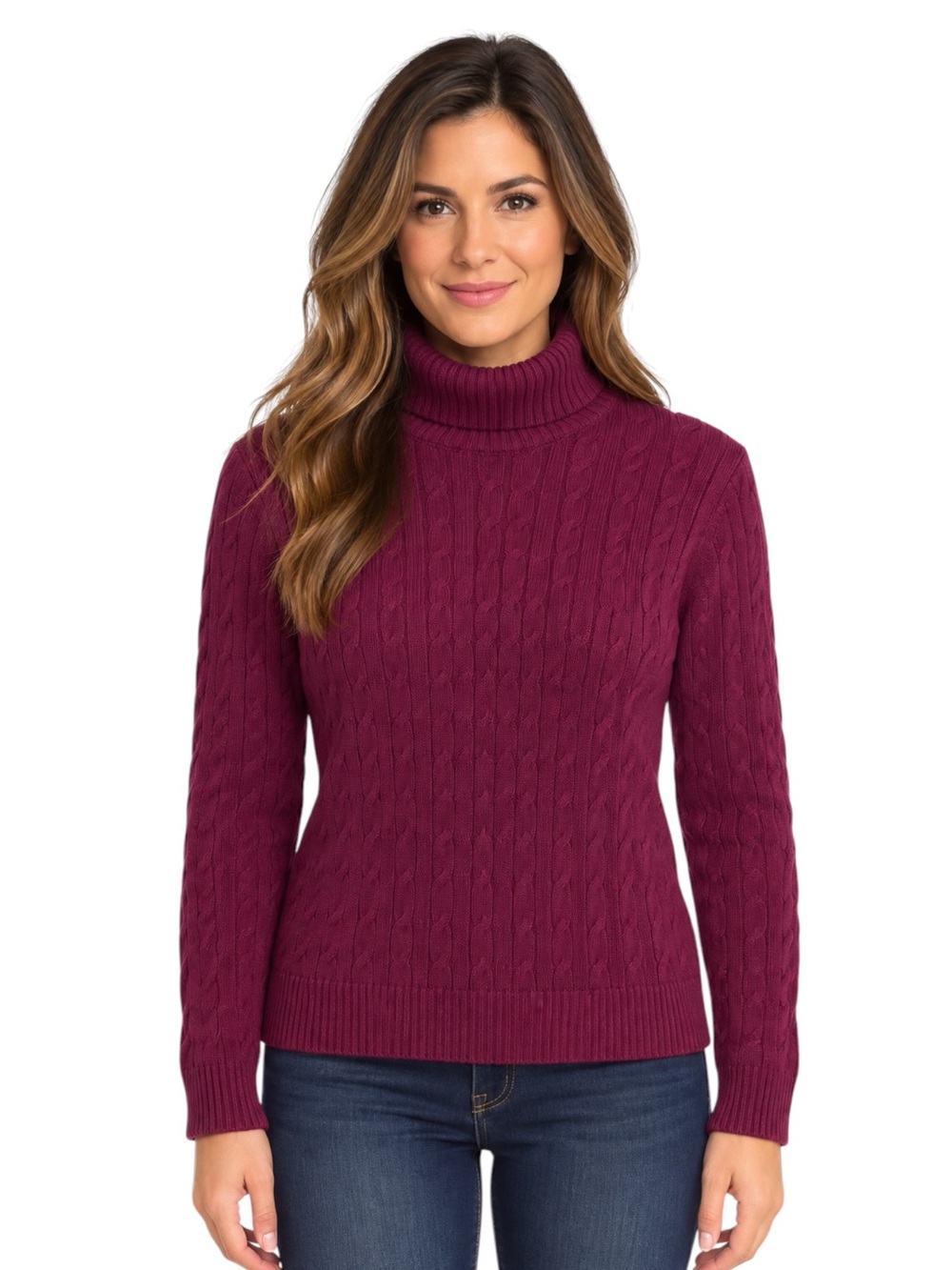 Charter Club Women’s Large Petite Burgundy Cable Knit Turtleneck Sweater